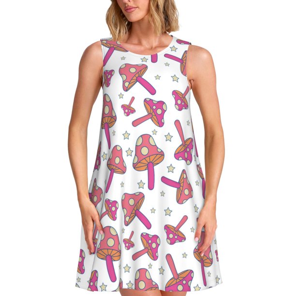 Easygdp Purple Mushroom para Vestido Transpirable de Mujer, Vestido Suelto de Manga Corta con Pliegues y Bolsillos para el Verano