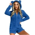 thumbnail image 4 of ZyeKqe Short Rompers for Women Warm Fuzzy Fleece Sherpa Hooded Jumpsuits Cute Bear Onesie Zipper Plush Sleepwear, 4 of 8