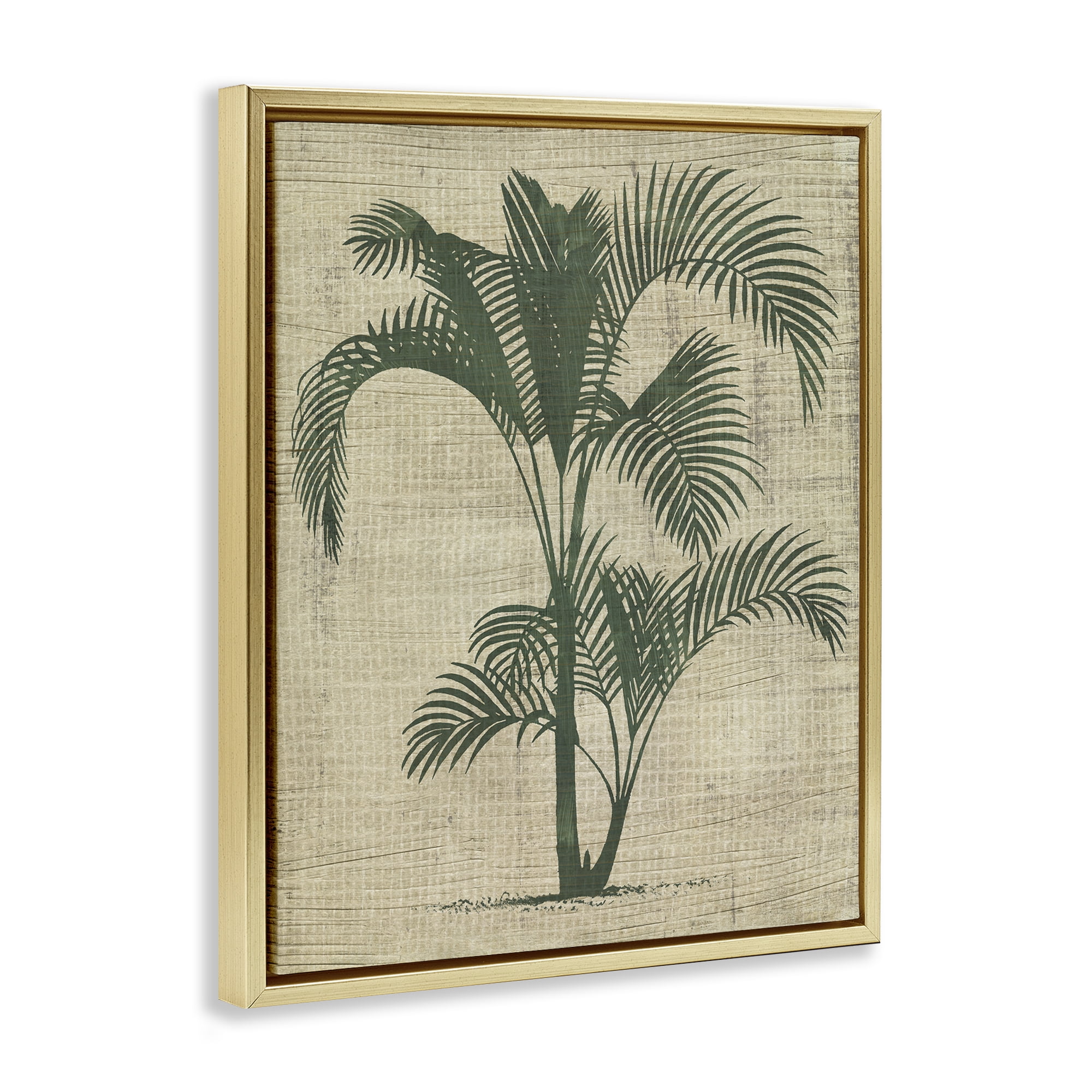 Stupell Industries Palm on Woven Pattern Plants & Flowers Painting Gold Floater Framed Canvas Art Print Wall Art, 25 x 31