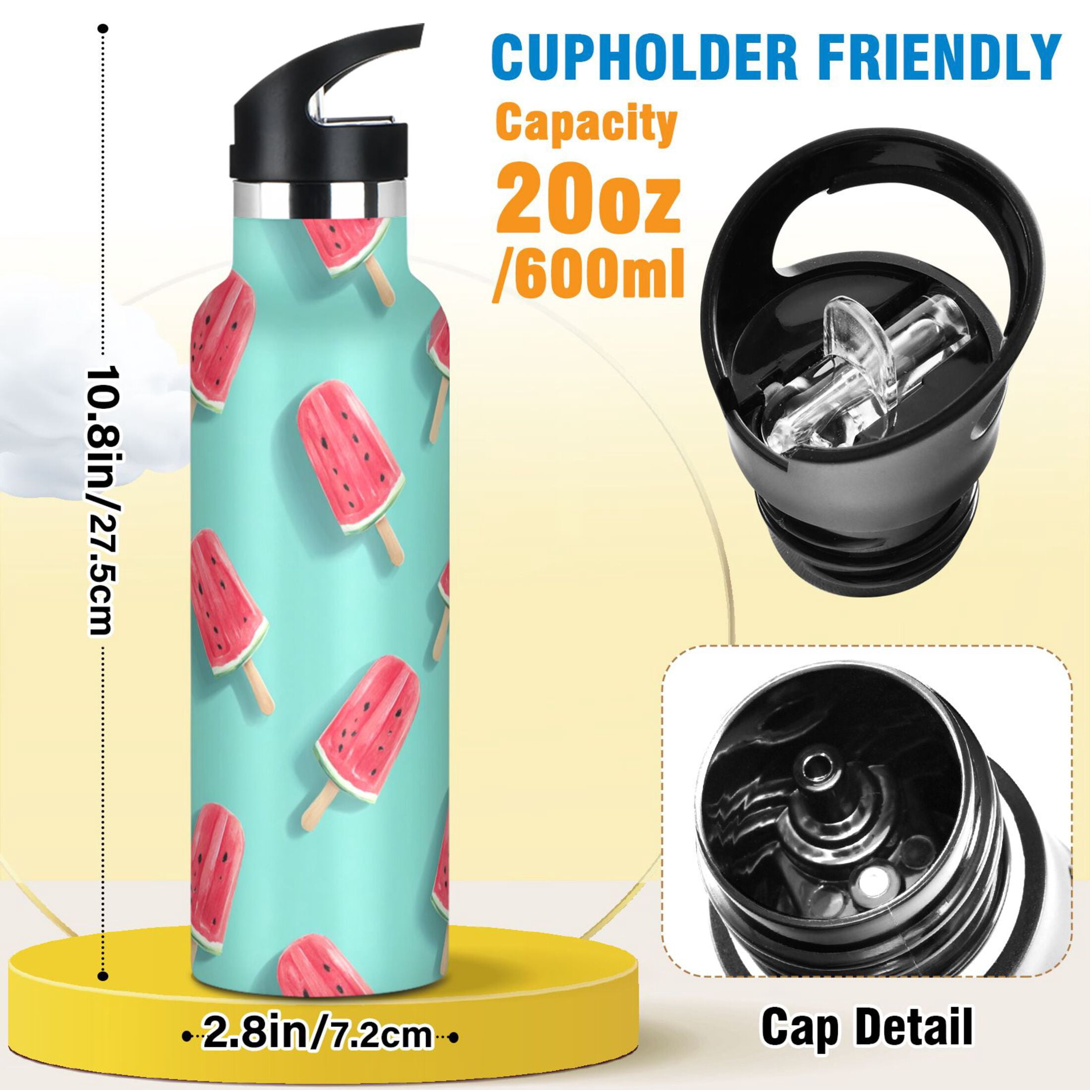 Kids Insulated Stainless Steel Sports Water Bottle 600ml Watermelon Popsicle Pattern
