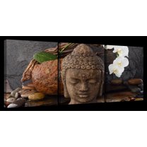Elephant Stock Buddha Head Sculpture Wall Art - Horizontal Multi Panel Canvas - 3 Pieceliving Room Wall Decor - Photography Religion And Spirituality Multi Panel - Gray And Brown Decor - 38" x 18"