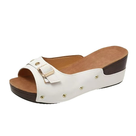 OJSFQUFP Sandals Women Dressy Summer Fashion Women Summer Wedges Strap Solid Color Comfortable Shoes Beach Open Toe Breathable Sandals Slipper for Women White 40