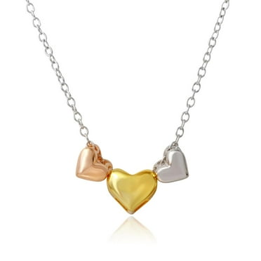 Tri-Color Plated Sterling Silver Three Heart Necklace