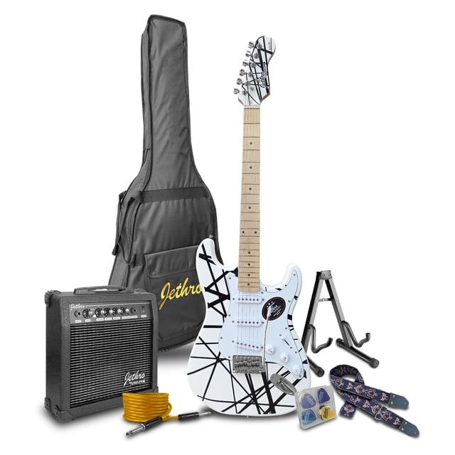 paquete guitarra electrica jethro series by steelpro 076-sk color white/black strip, paquete 39" con guitarra estilo años 50 de cuerpo basswood y diapasón de maple natural. Acabado blanco con franjas negras, hardware niquel-cromado, trémolo retro, dos pastillas humbucker negras y una single-coil negra, controles de volumen y tono niquel-cromado y selector de 5 posiciones; incluye amplificador compacto, funda acolchada con logo Jethro, correa estampada, cable y púas sobre fondo blanco. También suele usarse como set de iniciación para prácticas y presentaciones en casa.