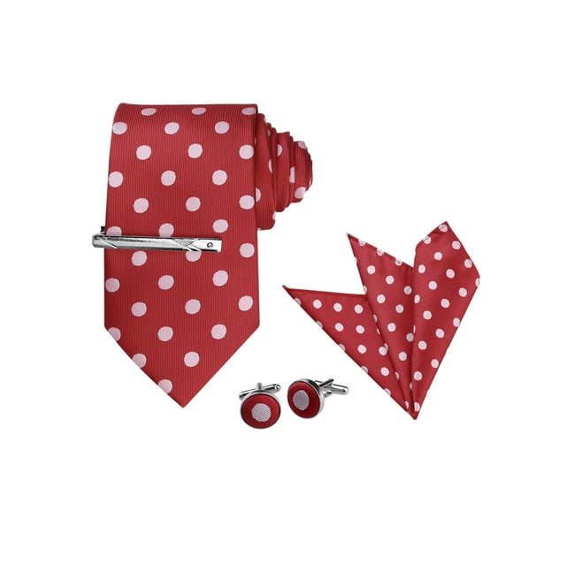 INSPIRE CHIC Corbata de lunares para hombres, juego de clip de corbata, gemelos, pañuelo de bolsillo para negocios y bodas en rojo y rosa
