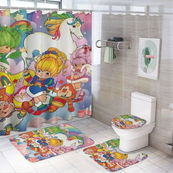 Rainbow Brite 4 Piece Bathroom Shower Curtain Sets Non-Slip Rugs Bath Mat Toilet Lid Cover U Shaped Mat for Bathroom Decor Set 72" X 72"