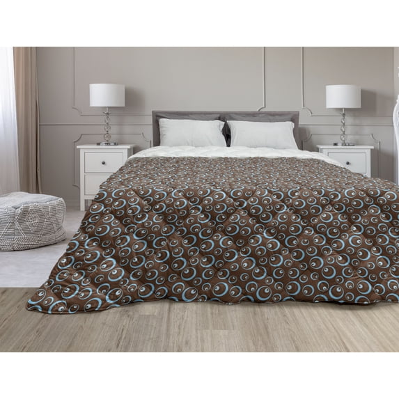 Brown and Blue Down Alternative Comforter, Floral Pattern with Swirls Circles Abstract Leaf Designs Retro, Microfiber Quilt for All Season, 5 Sizes, Caramel Pale Blue Coral, by Ambesonne