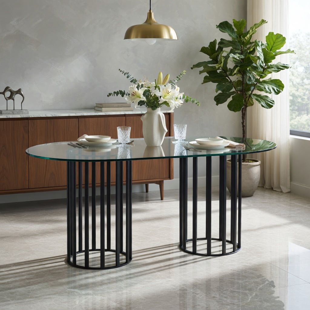 Hommoo 71-inch Oval Tempered Glass Dining Table, Metal Double Column Base, Light Luxury Modern Design for 6-8 People, Scratch-Resistant & Easy-Clean Tabletop, Black