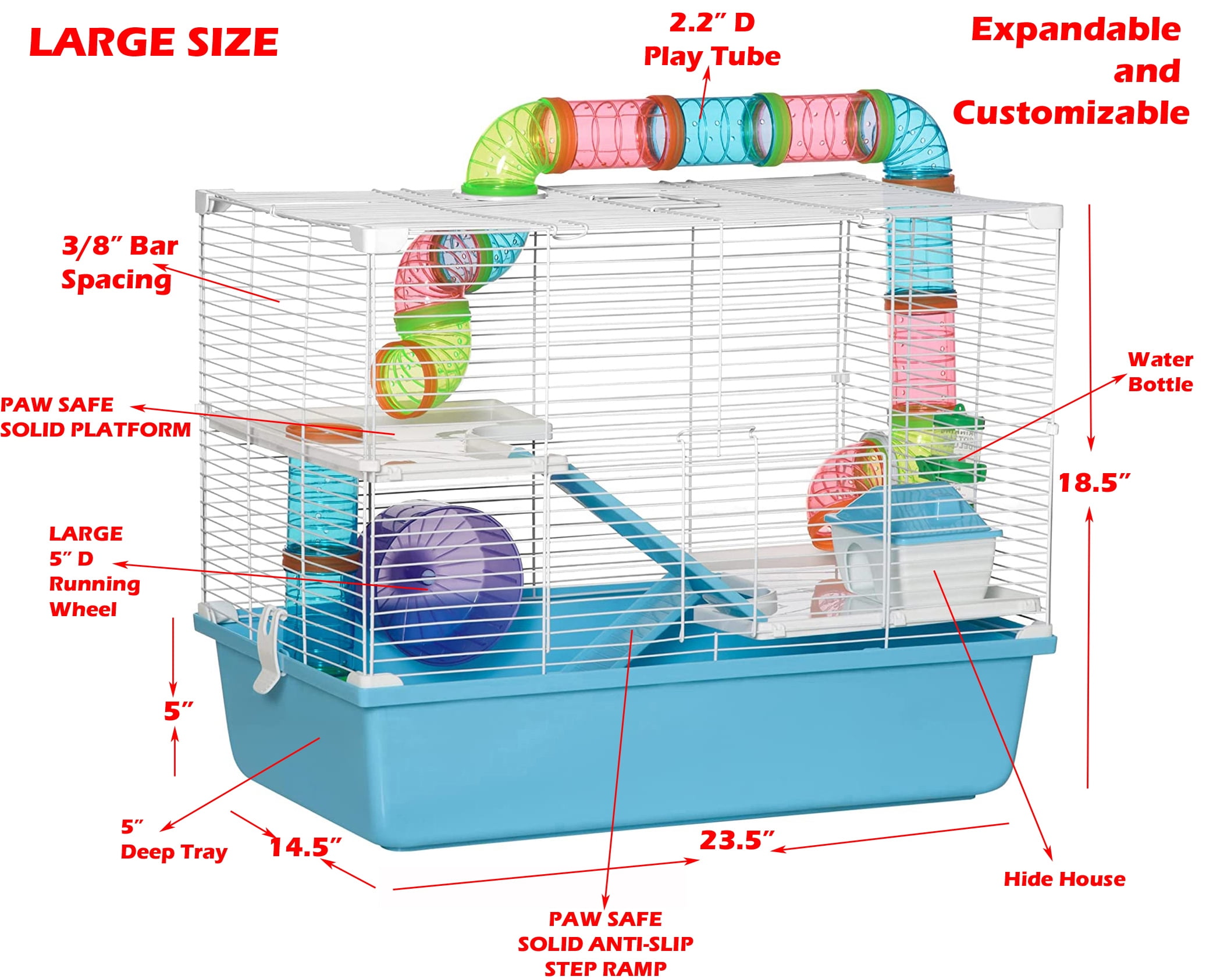 LARGE 3-Tiers Deluxe Hamster Mansion Mouse Habitat Gerbil Home Critters House Cage Mice with Complete Set of Accessories Expandable and Customizable Crossover Tube Tunnel