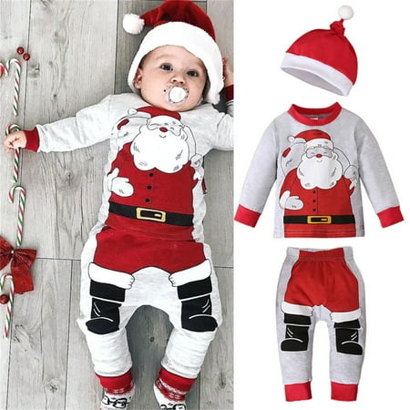 

Christmas Girls Baby Boys Clothes Set Christmas Santa Clause T-Shirt Tops Xmas Pants With Hat Outfits Set