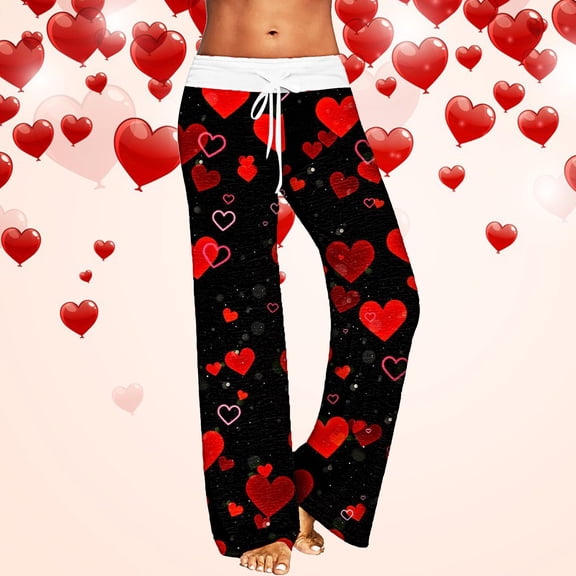Womens Pajama Pants Valentine's Day Heart Print Loose Pjs Bottoms With Drawstring Stretch Soft Comfy Sleep Pants Lounge With Pockets Black L