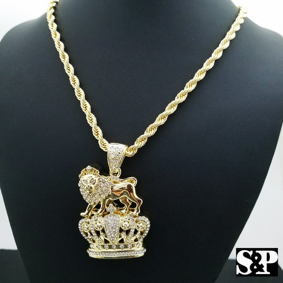 FULL ICED GOLD PLATED ALLOY HIP HOP RAPPER'S LION KING CROWN FASHION PENDANT & 4mm 24" ROPE CHAIN NECKLACE