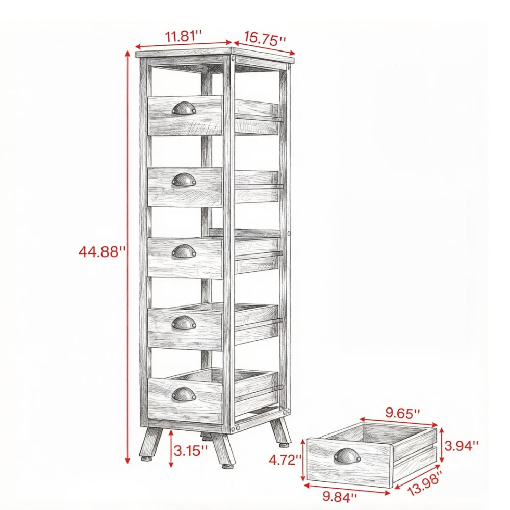 5-Drawer Pull Out Fruit Vegetable Storage Rack, MDF & Metal Produce Organizer, Each Drawer Holds 15LBS, Multipurpose Kitchen Snack Book Display Stand