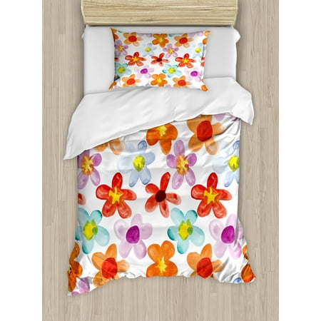 Twin Daisy Flowers Watercolor Twin Size Duvet Cover Set, Colorful Flowers Daisy Chamomile Buds Doodle Style Petals Motley Summer Pattern, Decorative 2 Piece Bedding Set with 1 Pillow Sham, Multicolor, by Ambesonne ()