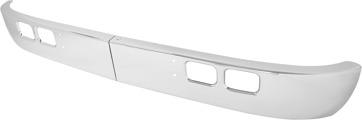 Kojem Front Bumper for 1989-2003 International 4600, 4700, 4800, 4900, 8100 W/Tow, Fog Light Cutouts, Slight Angle Back Steel Chrome Silvery