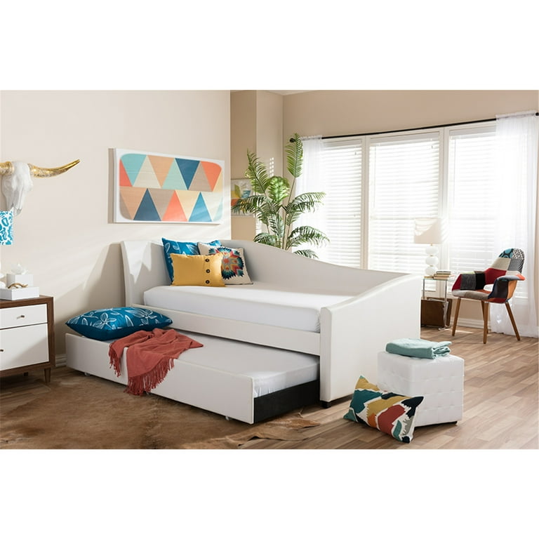 Baxton Studio Vera Modern and Contemporary White Faux Leather Upholstered Curved Sofa Twin Daybed with Roll-Out Trundle Guest Bed Baxton Studio Vera Modern and Contemporary White Faux Leather Upholstered Curved Sofa Twin Daybed with Roll-Out Trundle Guest Bed