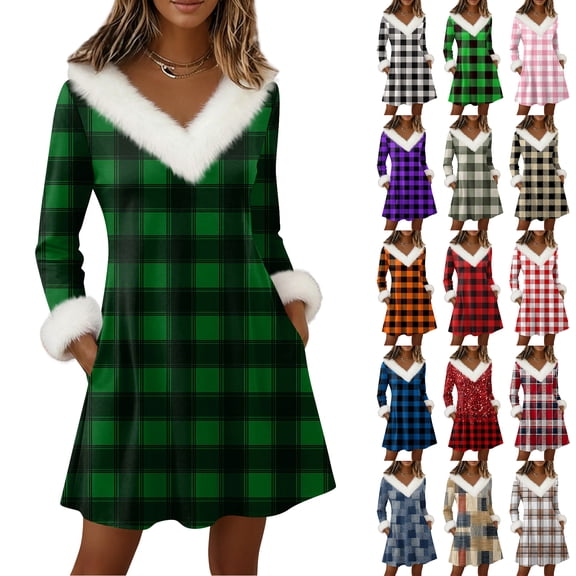 Women's Knit Dress Long Sleeve V-Neck Flannel Plaid Print Knee Length Dress with Pockets for Fall Casual Loungewear,Beige,L