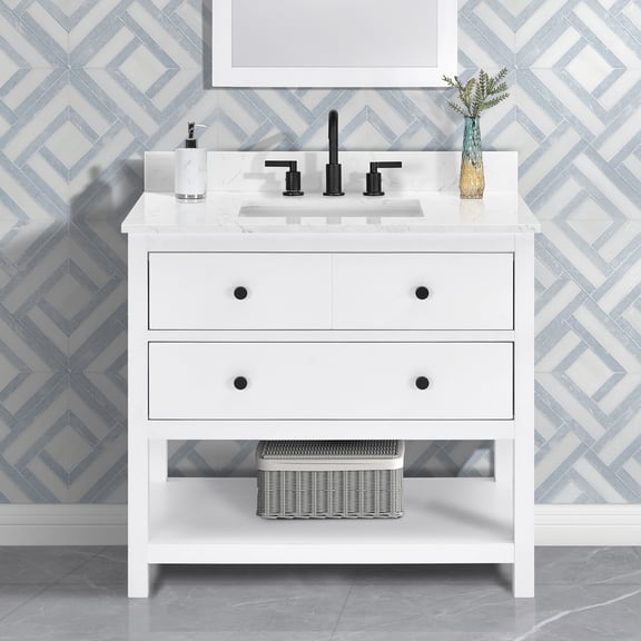 Encino 36" Single Bathroom Vanity. Carrara White Quartz Top with Sink & Backsplash. 37" W x 22" D x 34.5" H. Light Oak. MDF. Pre-Assembleb. 2 Soft-Closing Drawers. 1 Shelf. Adjustable Feet