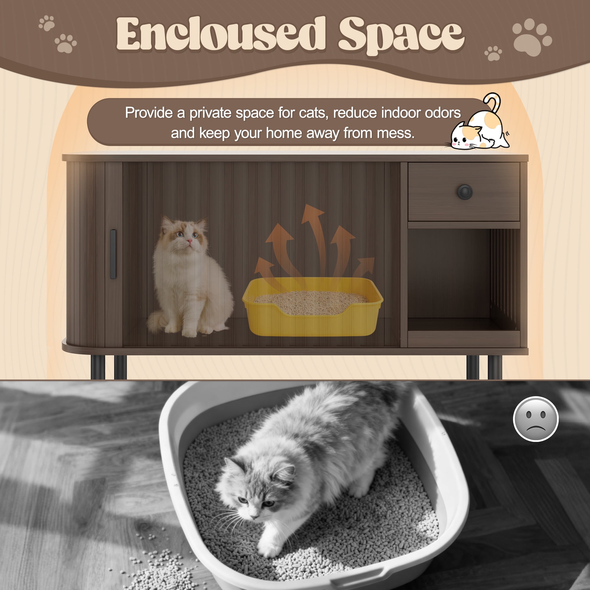 zyoiszvq Cat Litter Box Enclosure Furniture Cabinet with Mat,Wooden Hidden Cat House with Drawer,Indoor Side Table for Living Room