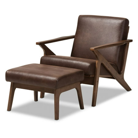 Baxton Studio Bianca Mid-Century Modern Walnut Wood Dark Brown Distressed Faux Leather Lounge Chair And Ottoman