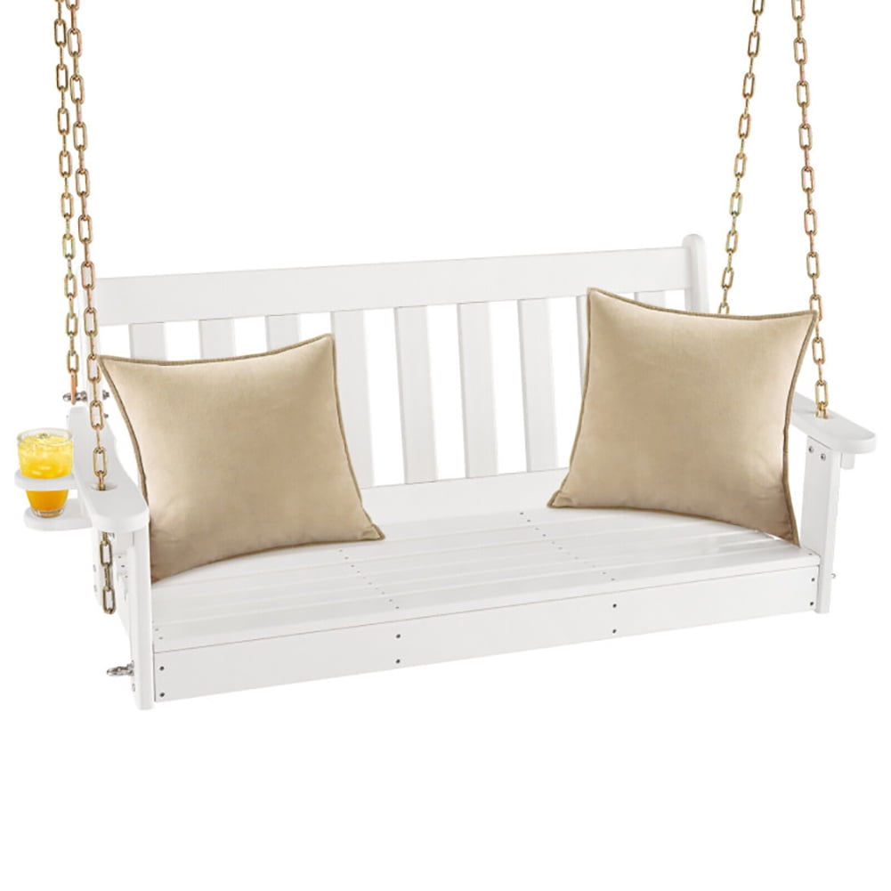 Aimee Lii 54 Inch HDPE Patio Porch Swing with Cup Holder, Outdoor Swing Chair, White
