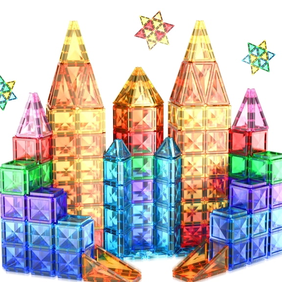 PicassoTiles 61PCS Mini Magnetic Tiles Diamond Set Travel Size STEM Educational Building Blocks for Kids Toddler, Montessori Creative Learning Toy