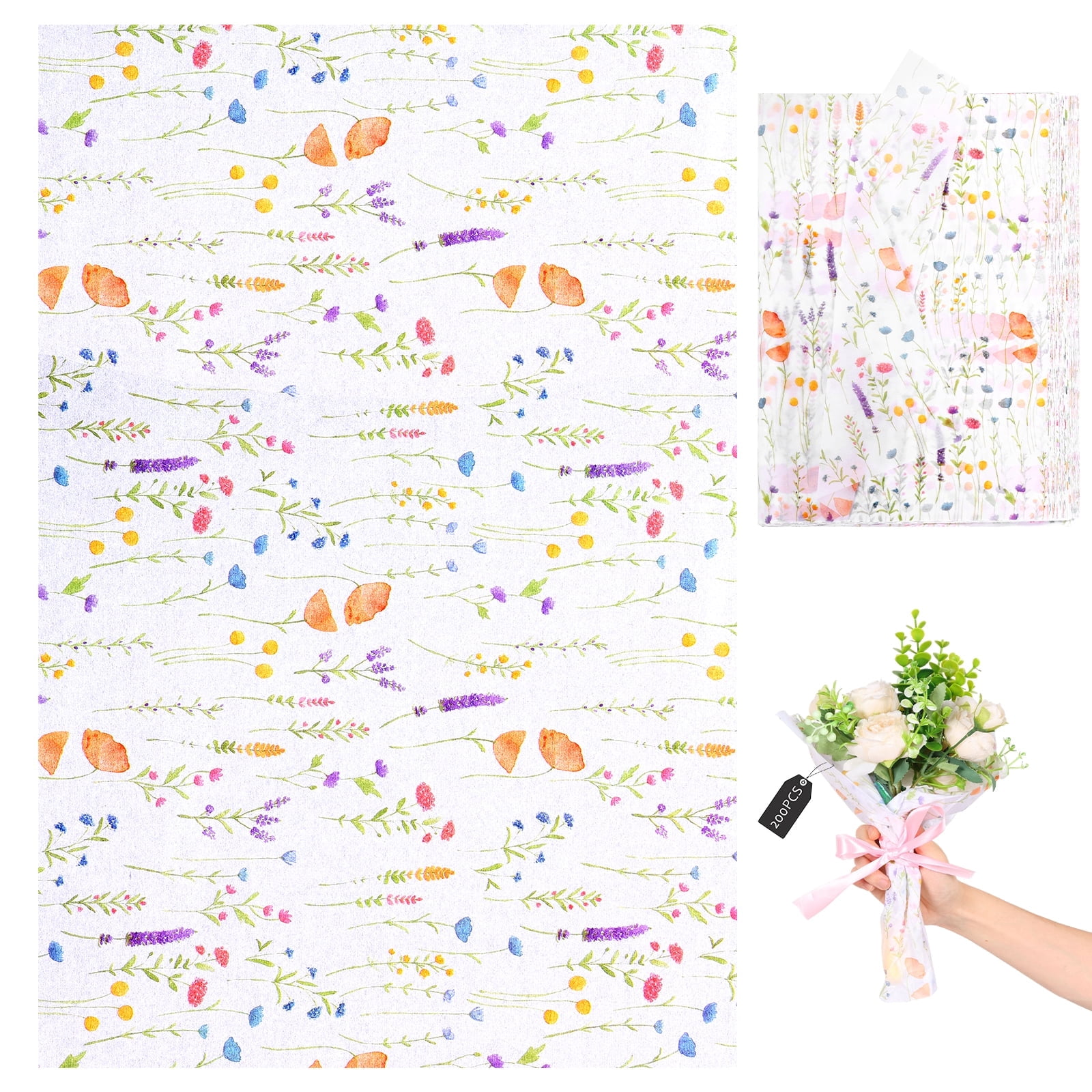 NUAHRHY 200 Sheets Floral Tissue Paper Vintage Wildflower Present Wrapping Tissue Paper for Present Bag Packaging Ideal for Wedding Birthday Party Decor Box Basket Filler 20x14 in