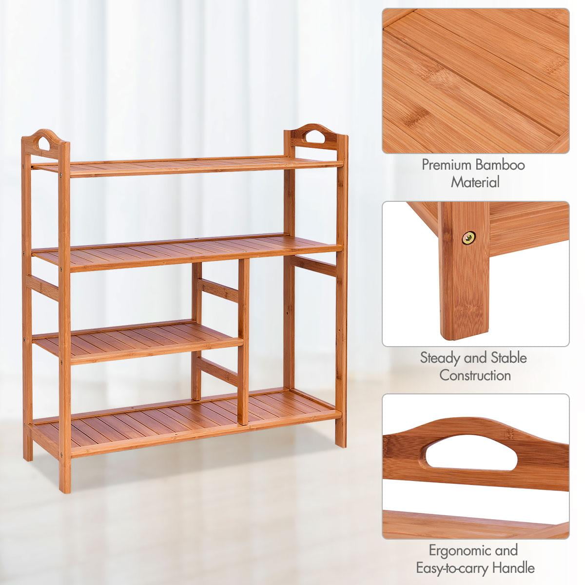 4-Tier Bamboo Shoe Rack with Boots Storage, Freestanding Wooden Display Shelf with Handle, Multifunctional Storage Organizer for Bathroom Entryway, Hallway, Living Room Plant Stand