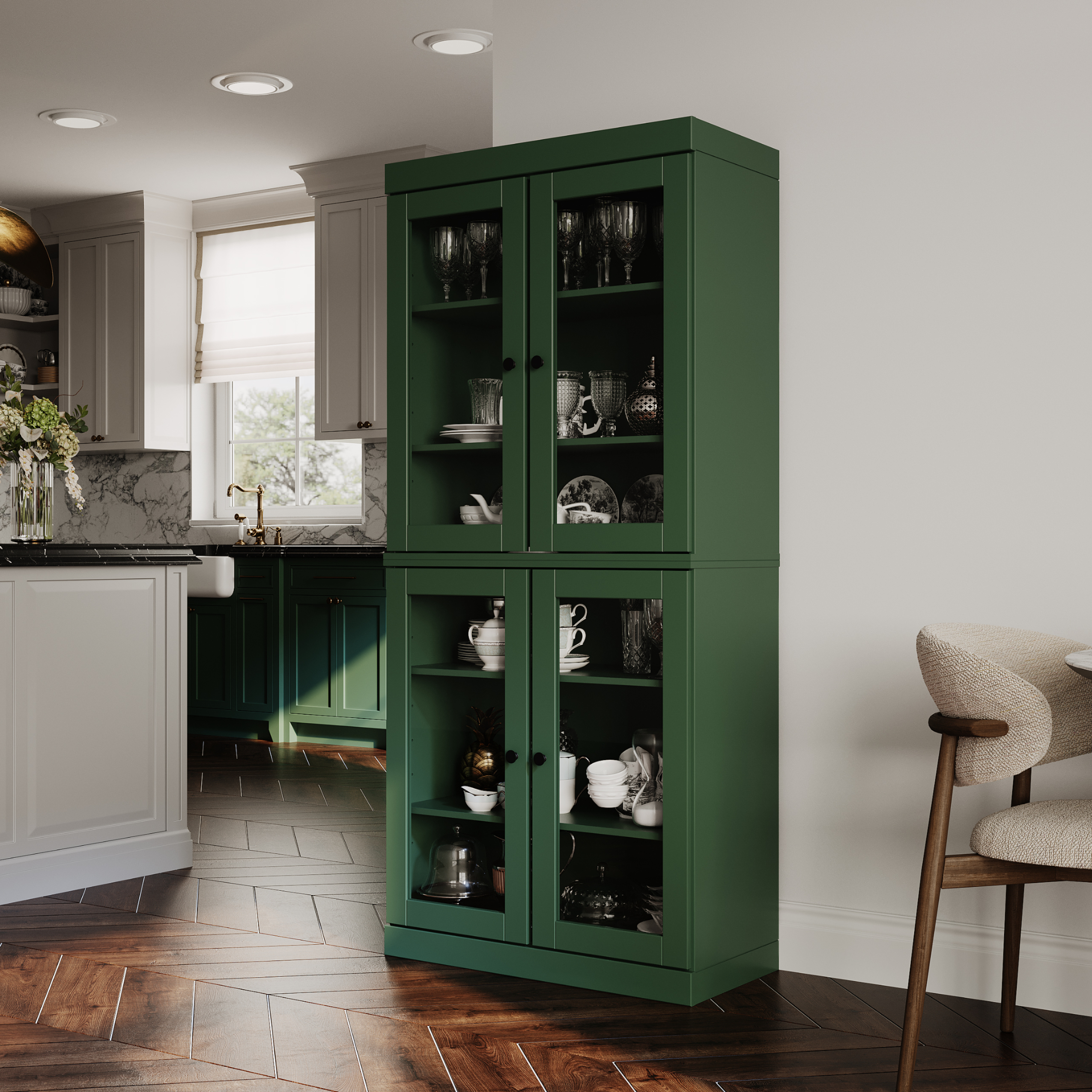 Palace Imports 100% Solid Wood Kitchen Pantry Storage Cabinet with Glass Doors and Adjustable Shelves, Green