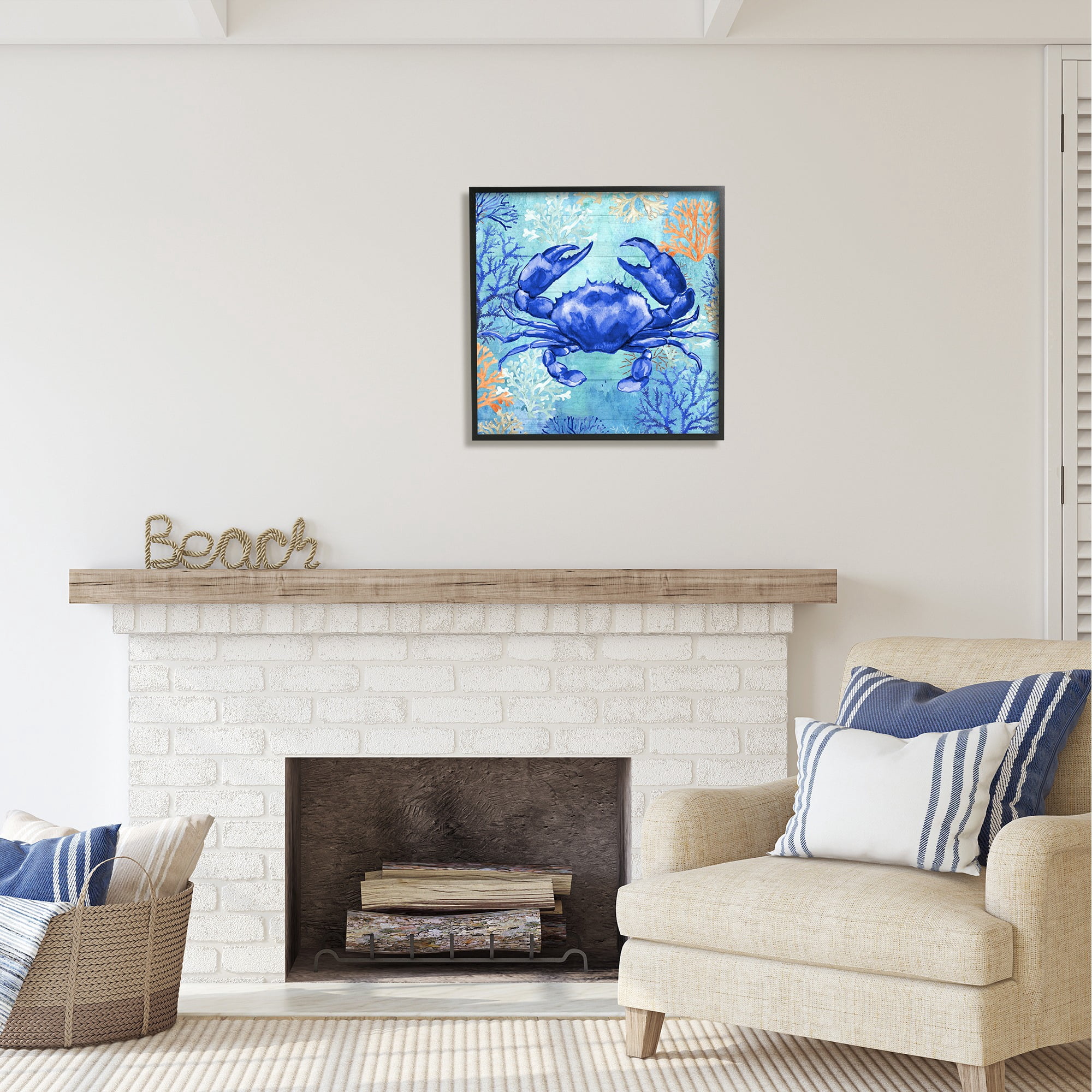 Stupell Industries Blue Crab with Coral Animals & Insects Painting Black Framed Art Print Wall Art, 24 x 24