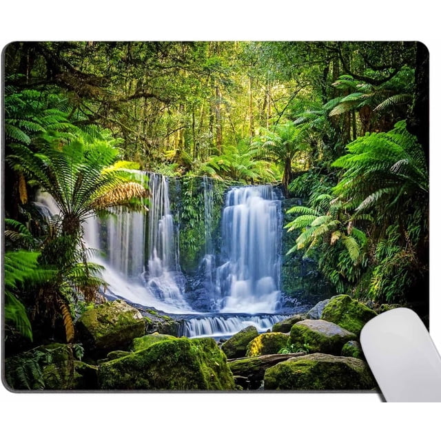 Rainforest Mouse Pad,Green Tropical Plants and Waterfall Mouse Pad,Washable Square Cloth Mousepad for Office Laptop,Non-Slip Rubber Base Mouse Pads for Wireless Mouse,Computer Mouse Pads for Desk