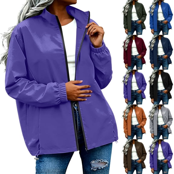XUNKUSGA Rain Jacket Women Waterproof Fashion Full Zip Stand Collar Womens Windbreaker Jacket Casual Loose Women Rain Jacket with Adjustable Hem Drawstring,Purple,S