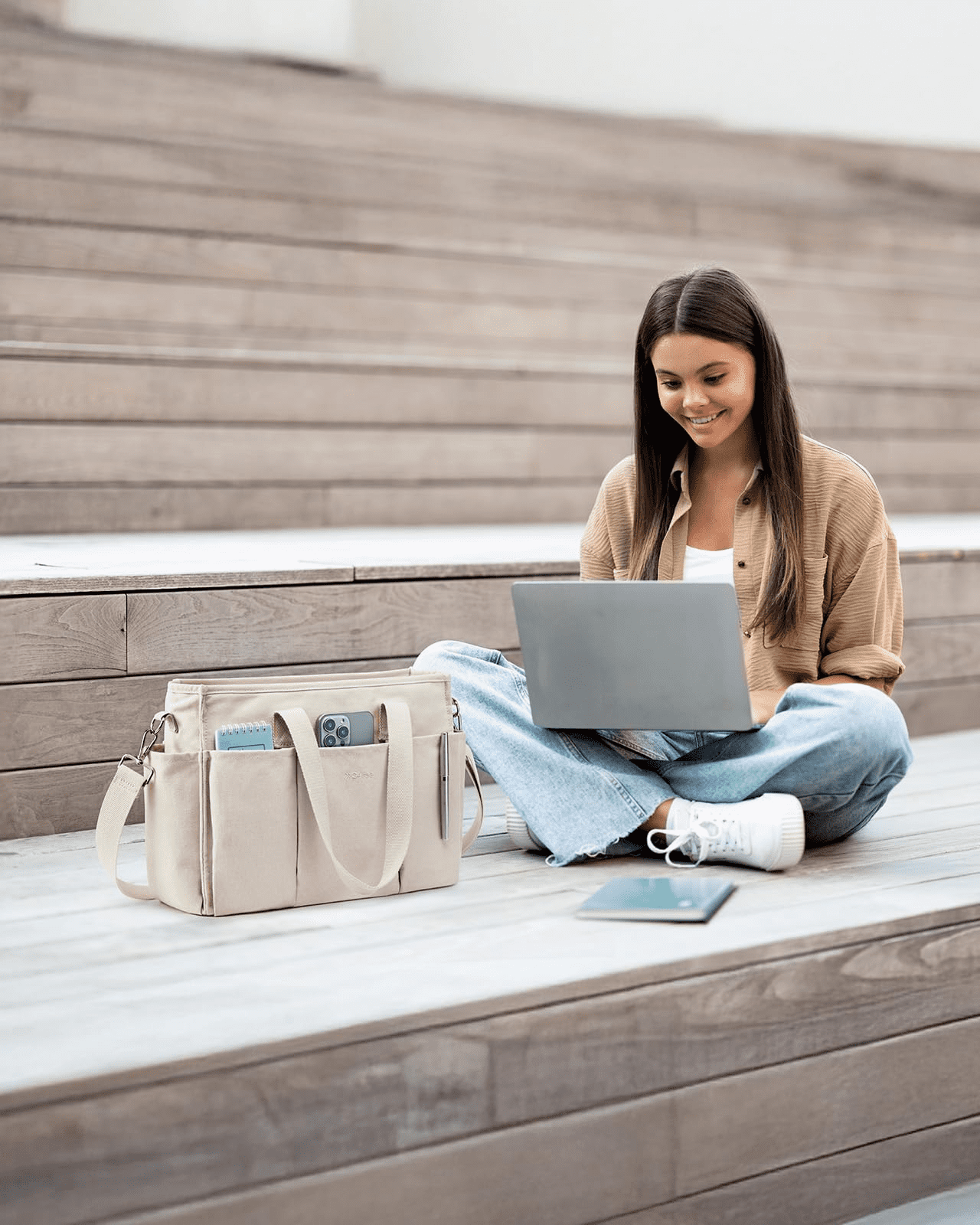 G4Free Canvas Tote Bag with Pockets, Medium Size Crossbody Work Tote Bag for Women Zipper Closure