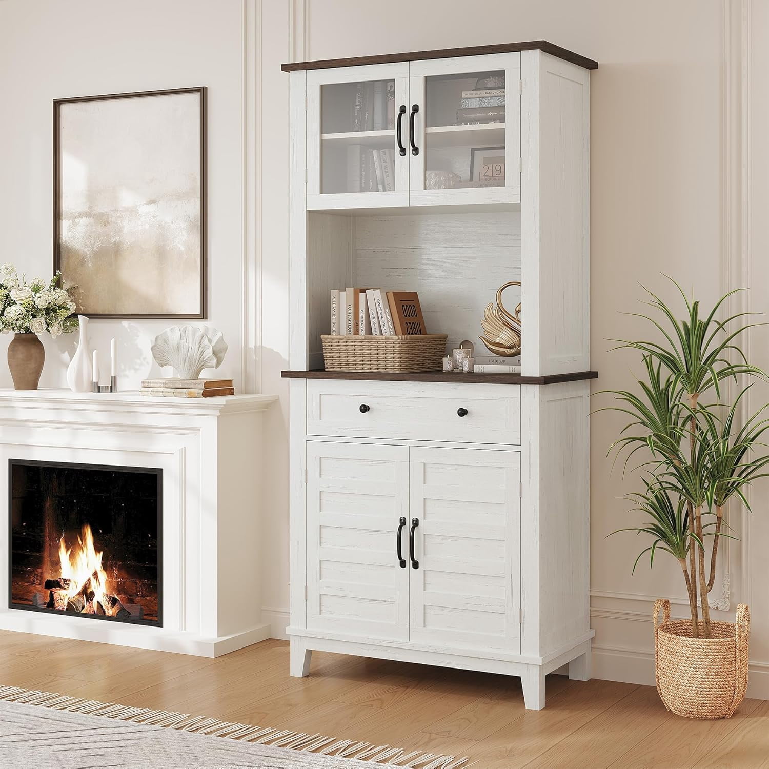 Acekid 72" Pantry Cabinet with Storage Drawers, Tall Kitchen Pantry Cabinet with 2 Glass Doors, Farmhouse Kitchen Hutch for Living Room, Dining Room, White