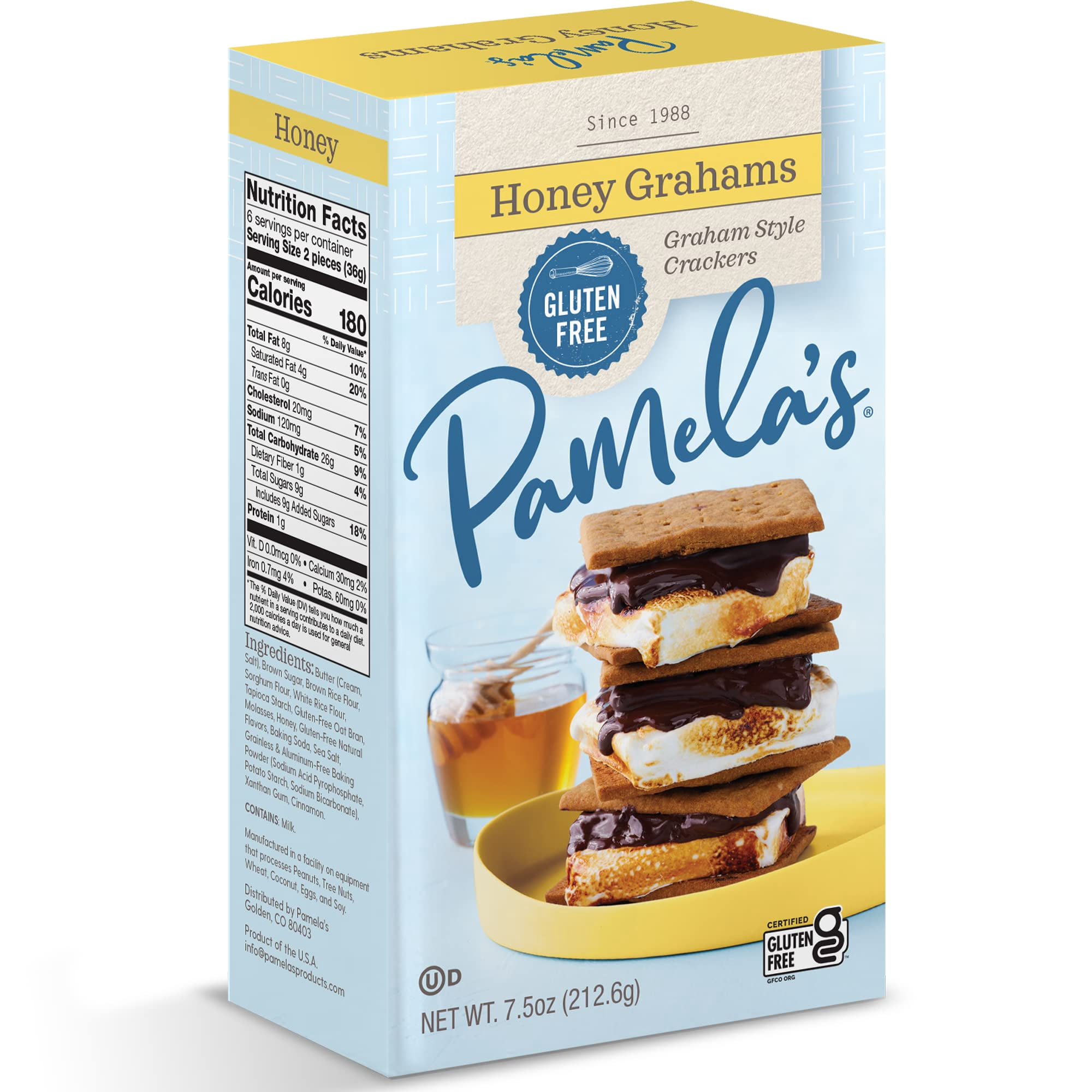 Pamela's Gluten Free Graham Crackers, Honey, Pie Crust, S'mores & Snacks, 7.5 Ounce (Pack of 6)