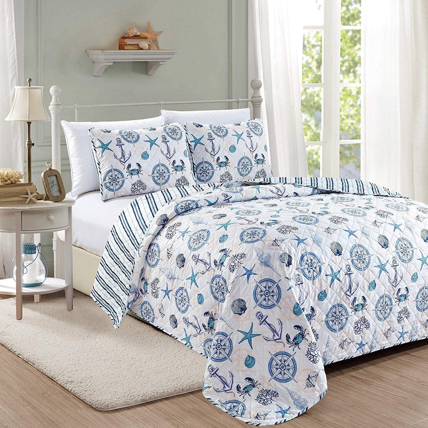 Blue Seashells, Anchors, Compass, Nautical, Coastal King Quilt Set (3