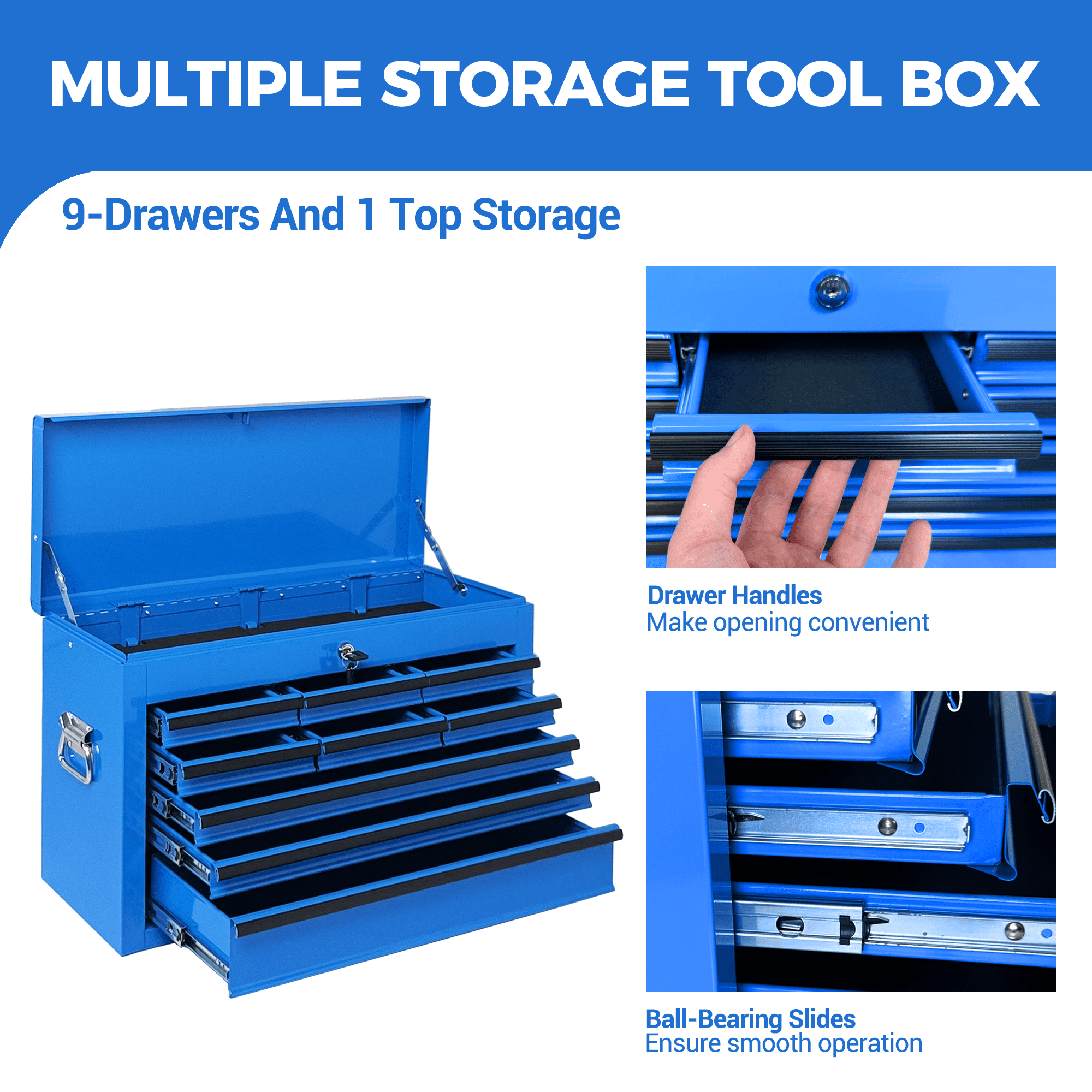 Heavy Duty Metal Tool Box,24 Inch Portable Tool Chest with 9 Drawers, Ball Bearing Slide Drawers with Auto-Locking System, Lockable Top Box Tool Organizer for Garage, Workshop, Truck,Blue