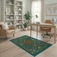 thumbnail image 2 of ODIKA 4'x6' Teal Botanical Tendril Design Washable Area Rug Ornate Symmetrical Floral Motifs With Golden Scrollwork Border And Central Stain Resistant, Low Pile, Easy Care for Dorm Room, Small Living, 2 of 6