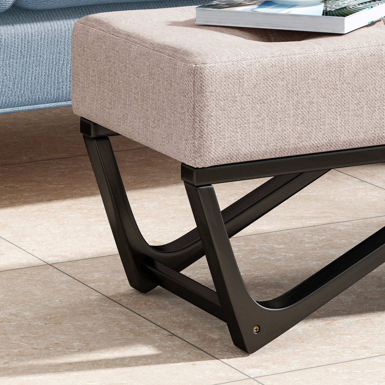 Modern Faux Wood Ottoman with Plush, Button-Tufted Top