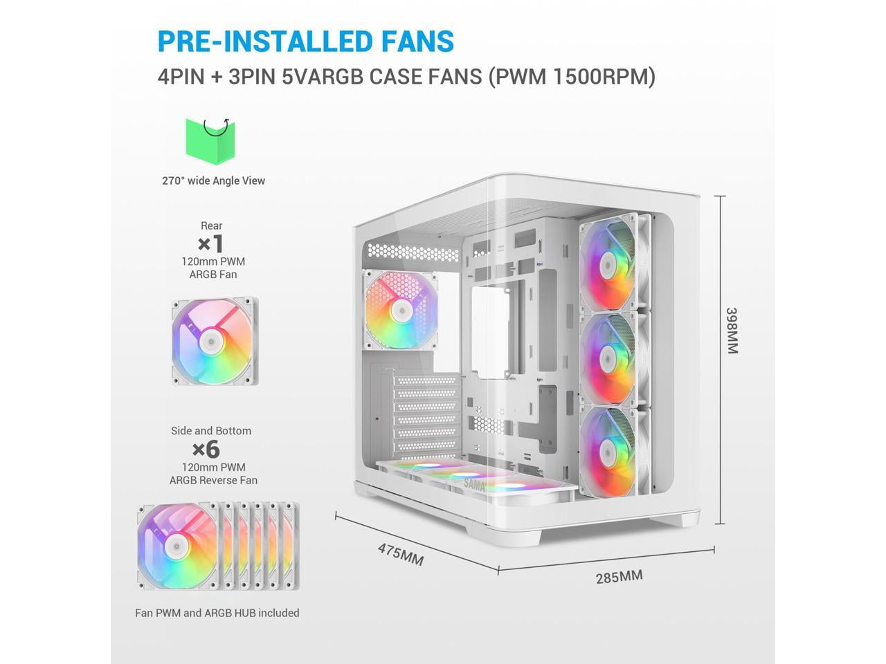 SAMA V60 PC Case, Mid-Tower Computer Case, A Curved Tempered Glass, 7 Pre-Installed ARGB PWM Fans and Fan Hub, USB Type-C, ATX/MATX/ITX Back-Connect Support, 360mm Liquid Cooler Compatible, White