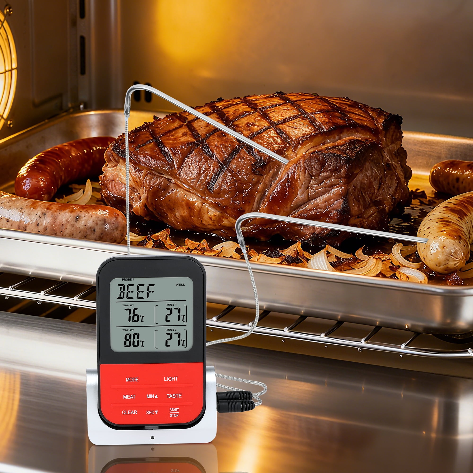 Unique Bargains Digital Meat Thermometer with 2 Probes and LCD Silver Curved Needle