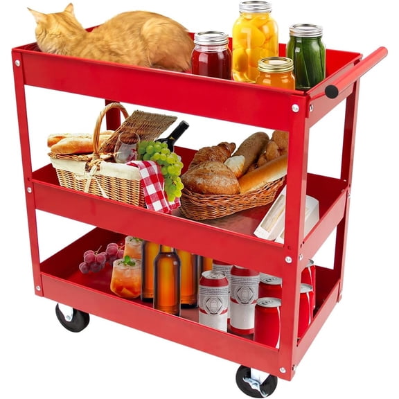 HPDMC 3-Tier Service Cart - 400 lbs Capacity Rolling Utility Cart with Wheels, Stainless Steel Metal Cart for Garage, Warehouse & Workshop (Red)