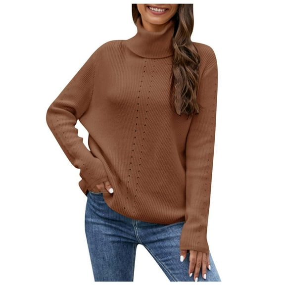 tklpehg Sweaters for Women Turtle-Neck Solid Collor Recreational Knitting Sweater Loose Long Sleeve Tops Pullover Sweater Brown L