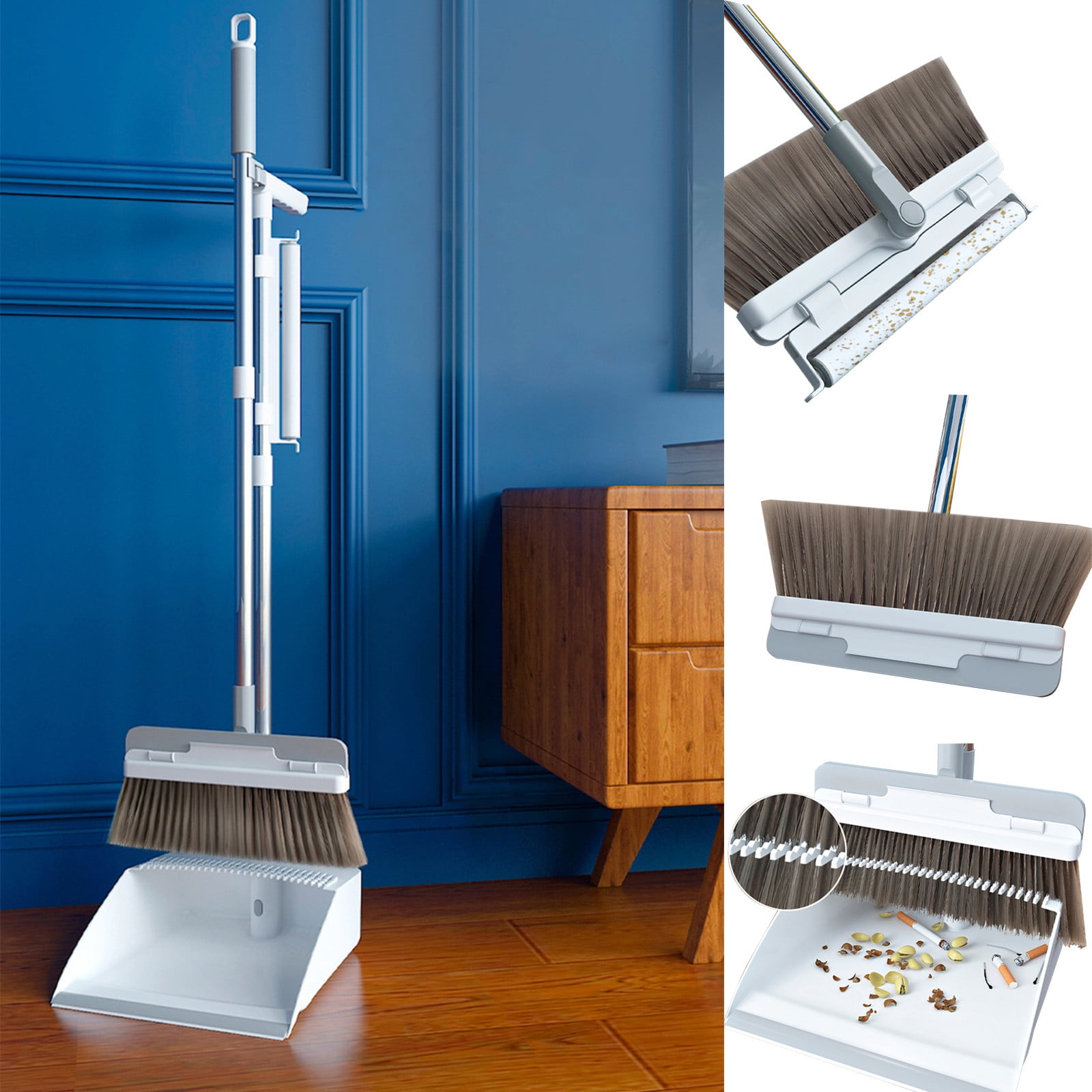 Kctiaxy Portable Broom Brooms Indoor 180° Rotatable Standing Storage Buckle Type Brooms and Dustpan Set with Scraping Teeth, Lint Sticker and Scraper Cleaning Suitable for Home Kitchen Appliances