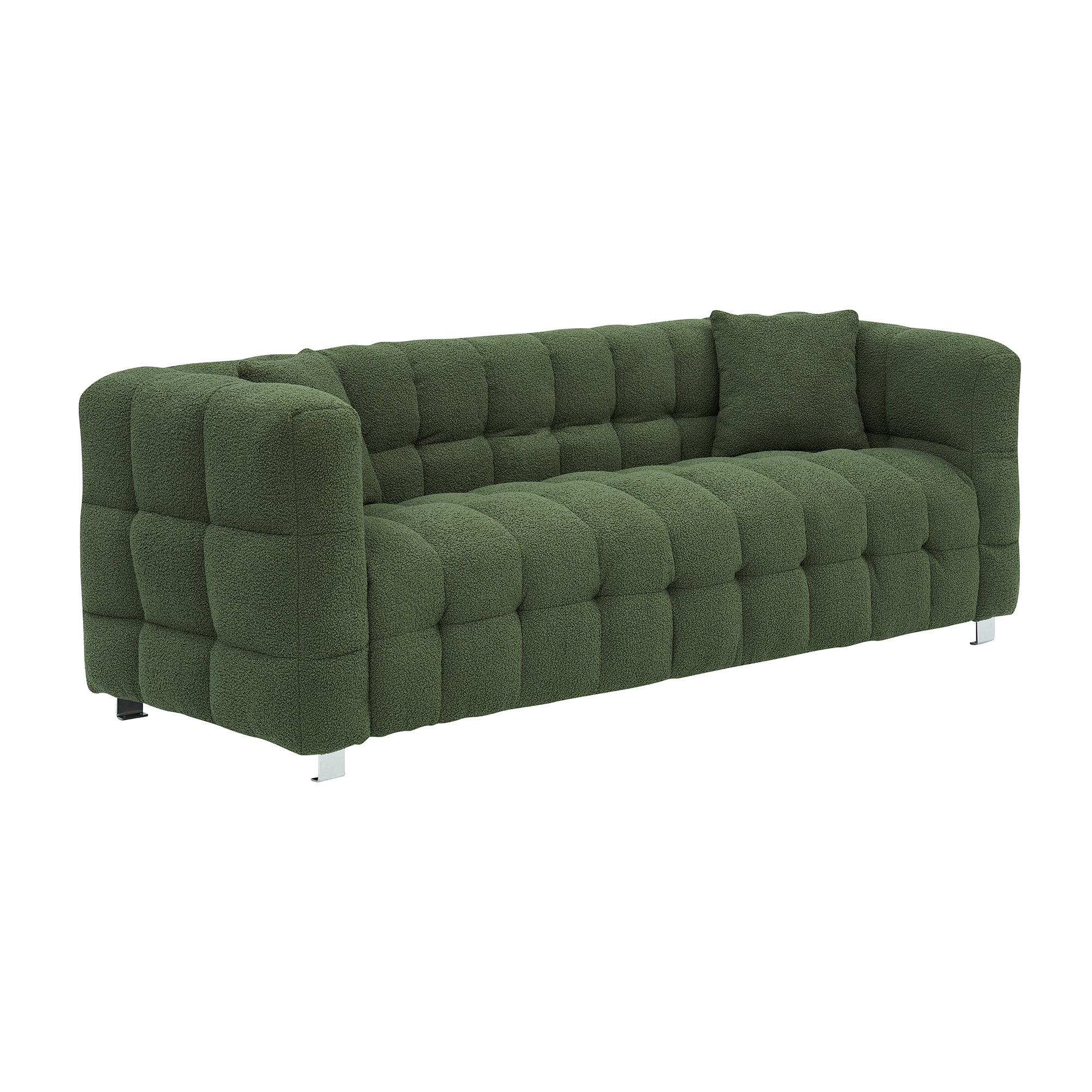 Aukfa 80" Modern Comfy Sofa, Deep Tufted Couch for Living Room, 2 Pillows, Teddy Fleece Green