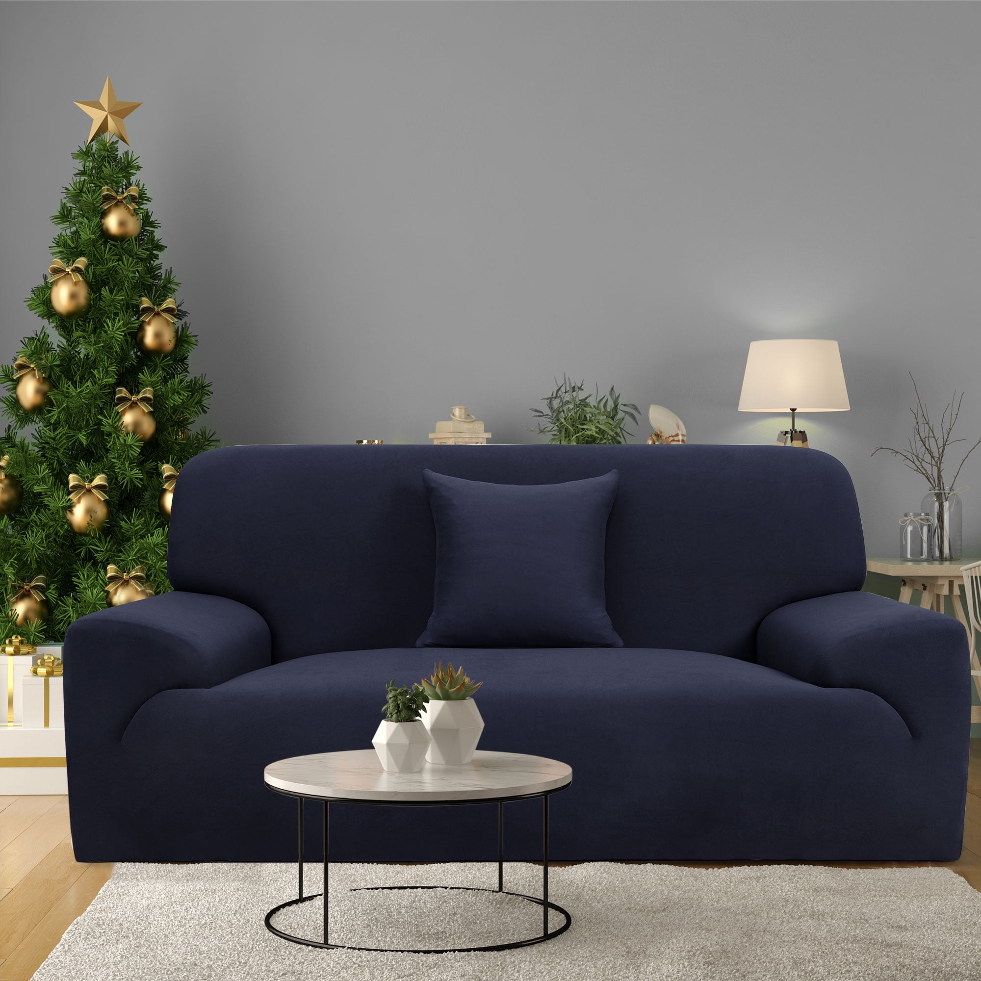 PiccoCasa Thick Stretch Sofa Cover 2 Seater Solid Couch Cover, Dark Blue