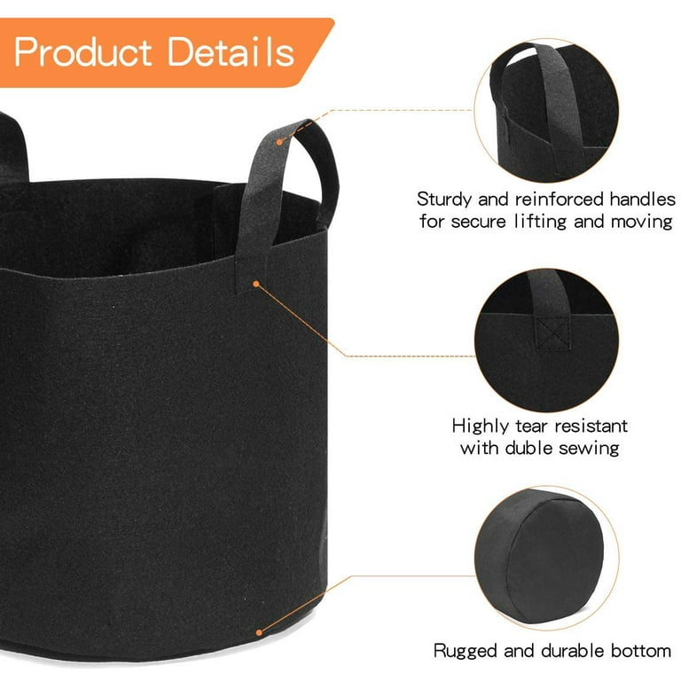5-Pack 3 Gallon Plant Grow Bags Heavy Duty Thickened Nonwoven Fabric Pots with Handles