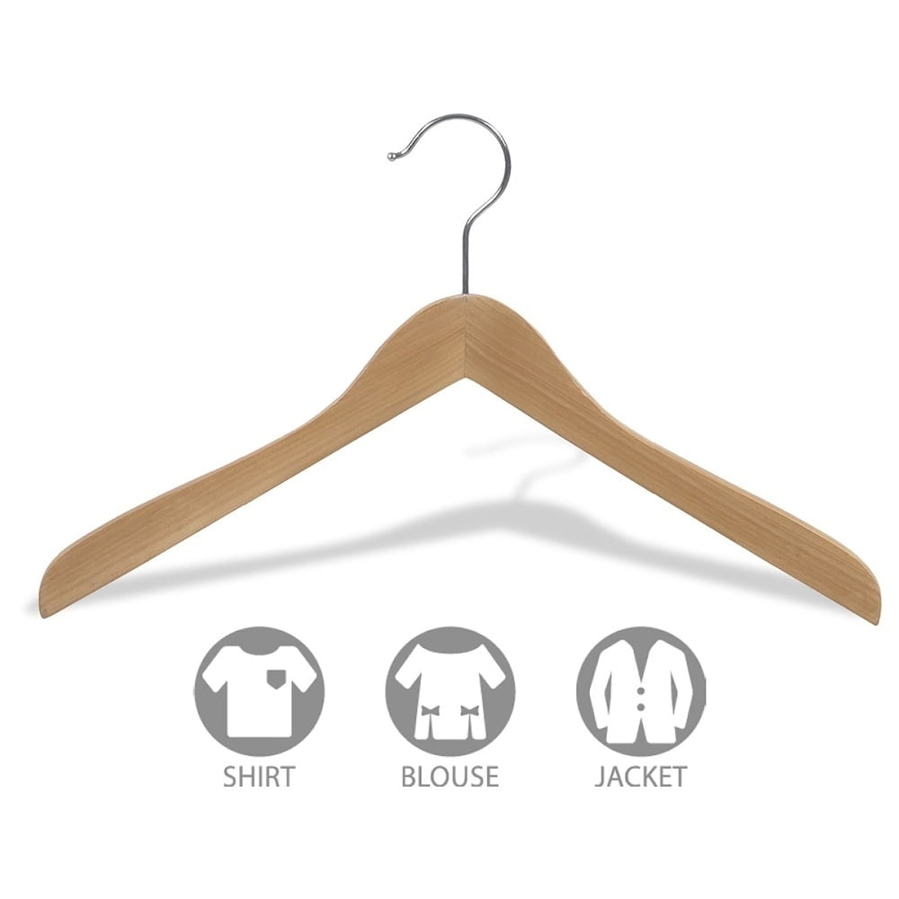Wooden Concave Top Hanger, Box of 12 Curved Thick Coat Hangers w/ Natural Finish & Chrome Swivel Hook for Jackets or Fine Shirts or Coats by International Hanger