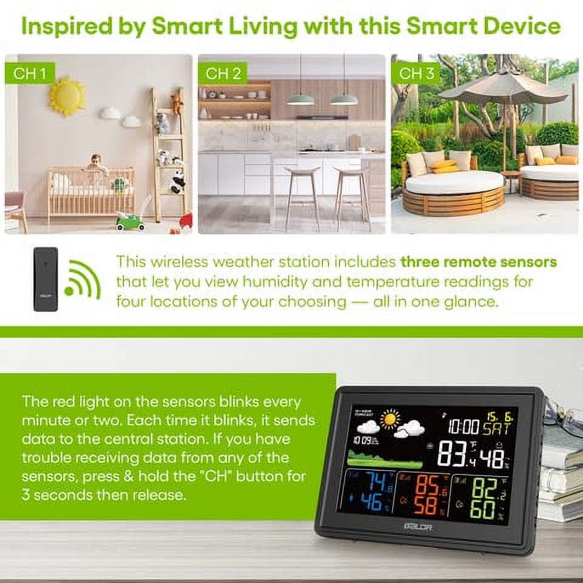 Baldr Weather Station with Indoor Outdoor Thermometer, 3 Wireless Sensors, Atomic Clock, Humidity Monitor