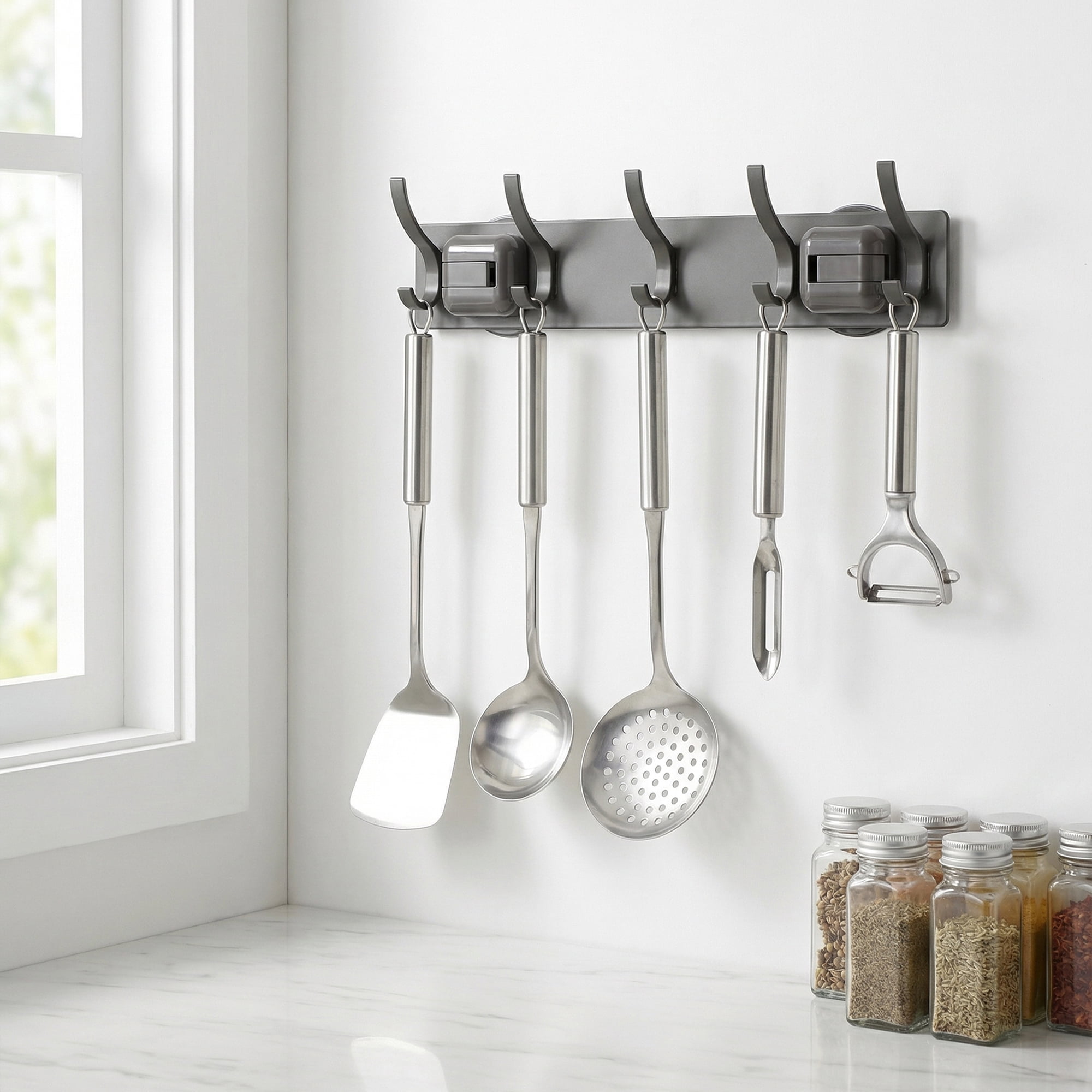 Unique Bargains Coat Rack Wall Mount Metal Suction Round 5 Hooks Rack gray 13.2"x2.4"
